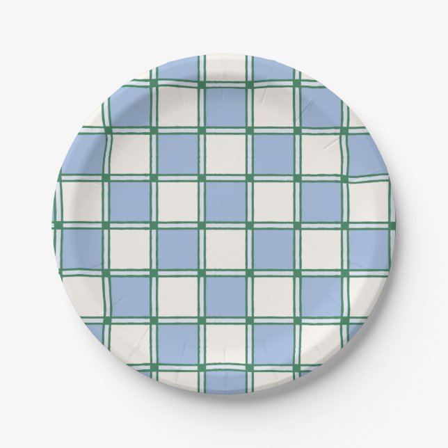 Blue and Green Preppy Painted Checkers/Plaid Paper Plate (Front)