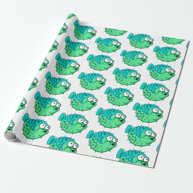 blue and green puffer fish with big eyes porcupine wrapping paper (Unrolled)