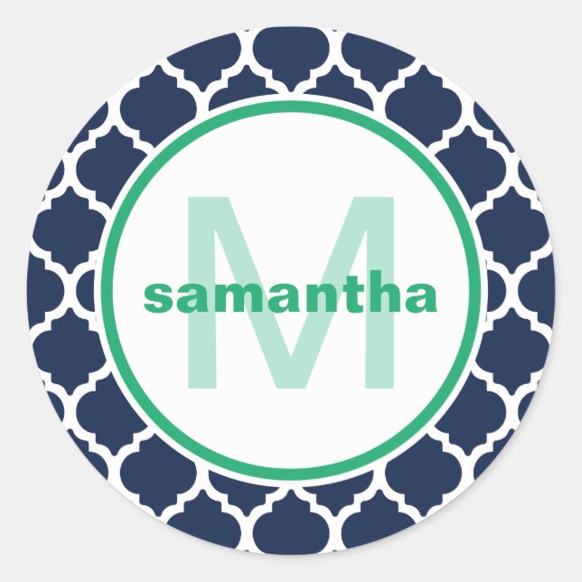 Blue and Green Quatrefoil Monogram Classic Round Sticker (Front)