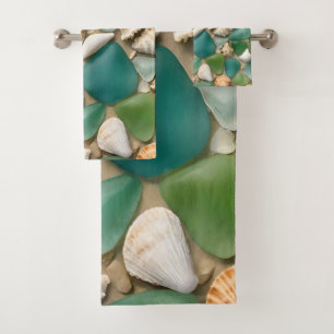 Blue and Green Sea Glass and Seashell Bath Towel Set