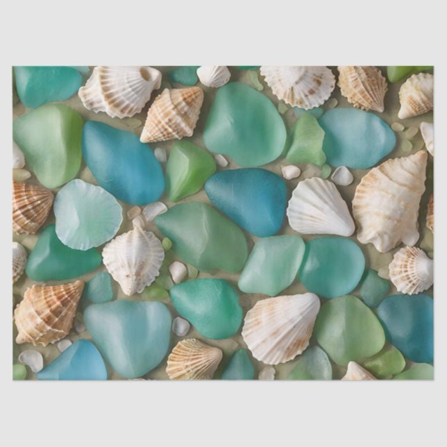 Blue and Green Sea Glass and Seashell Tissue Paper (Front)