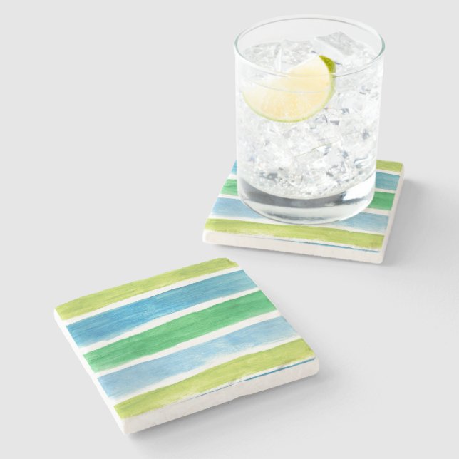 Blue and Green Sea Stripes Watercolor  Stone Coaster (Side)
