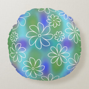 Blue and Green Seamless Floral Pattern  Throw Pill Round Pillow