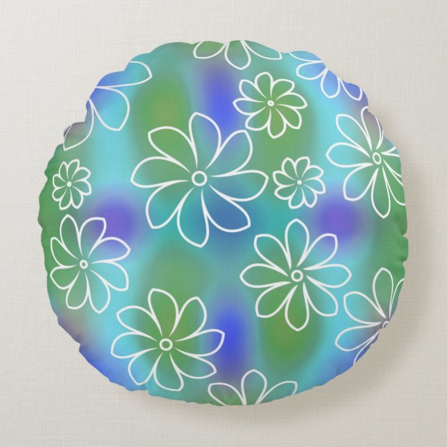 Blue and Green Seamless Floral Pattern  Throw Pill Round Pillow (Front)
