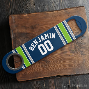 Blue and Green Sports Jersey Custom Name Number Bar Key