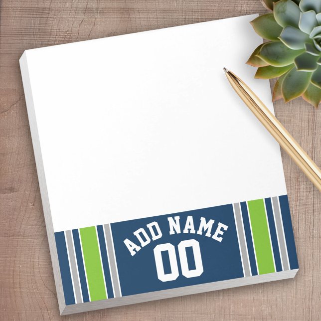 Blue and Green Sports Jersey Custom Name Number Notepad (Personalized Notepad - a fun gift or useful promotional product)