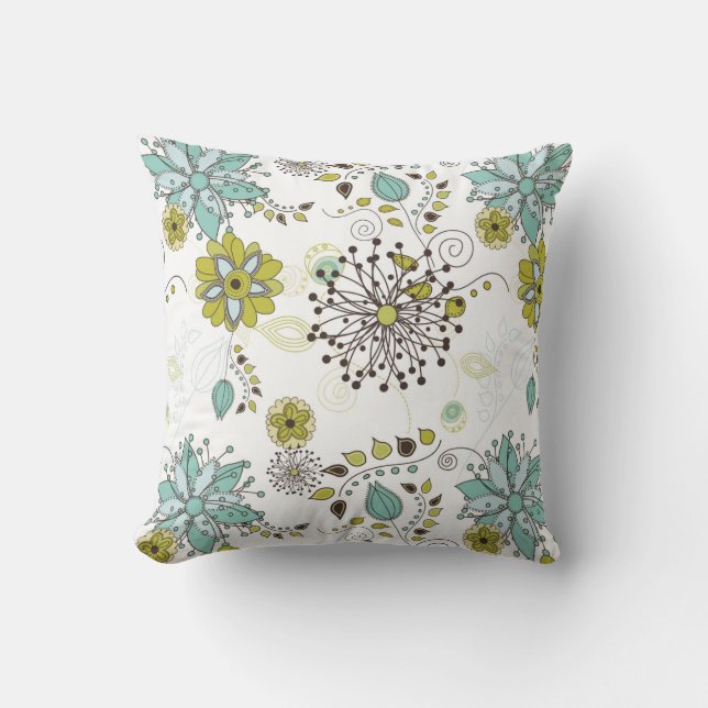 Blue and Green Spring Floral Pattern Throw Pillow (Front)