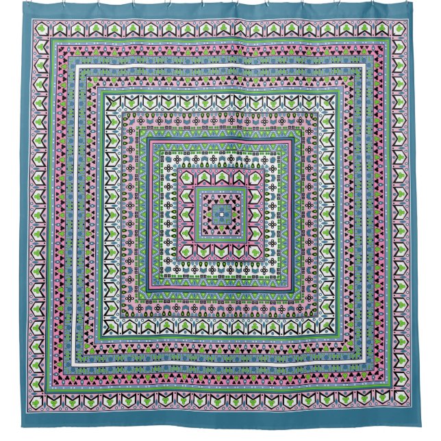 Blue and green square ethnic ornament scarf (Front)