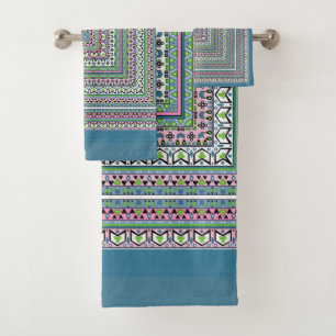 Blue and green square ethnic ornament scarf bath towel set