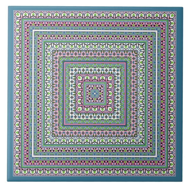 Blue and green square ethnic ornament scarf tile (Front)