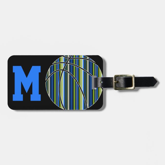 Blue and Green Striped Basketball Design Luggage Tag (Front Horizontal)