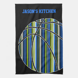 Blue and Green Striped Basketball Design on Black Kitchen Towel