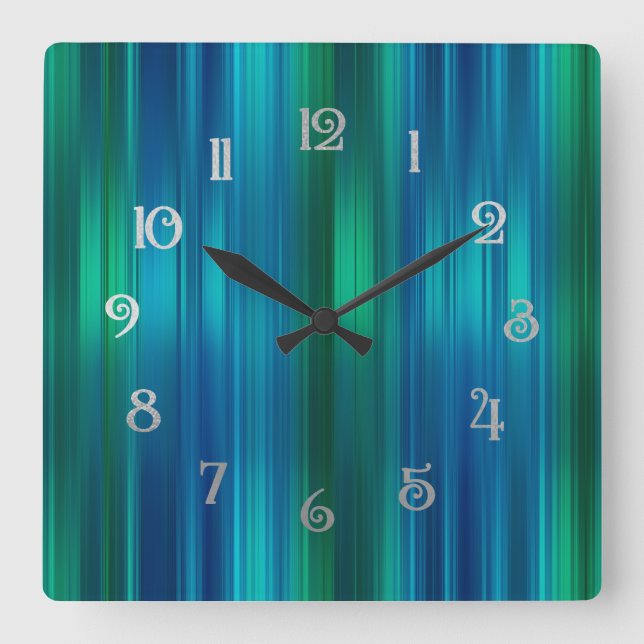 Blue and Green Striped Tree Skirt Square Wall Clock (Front)