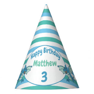 Blue and Green Stripes and Dragon Dinosaurs Party Hat