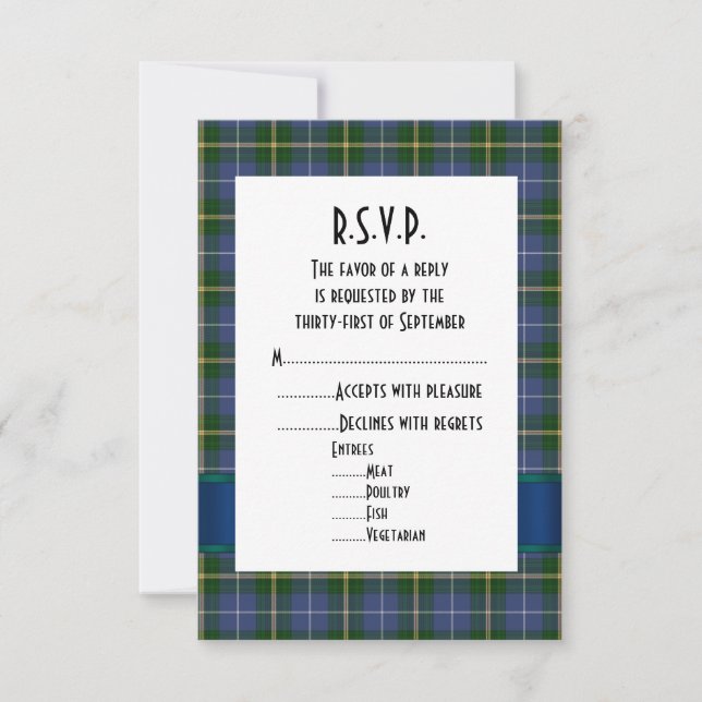 Blue and green tartan plaid formal wedding R.S.V.P RSVP Card (Front)