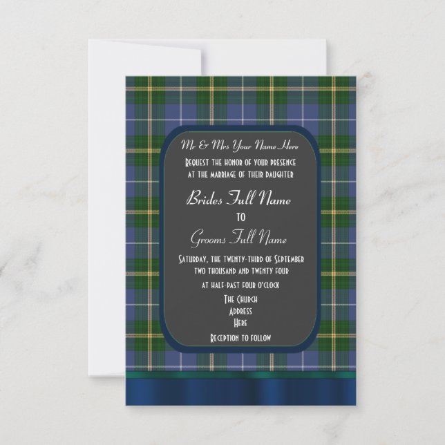 Blue and green tartan plaid wedding invitation (Front)