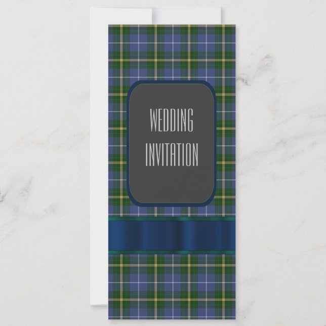 Blue and green tartan plaid wedding invitation (Back)