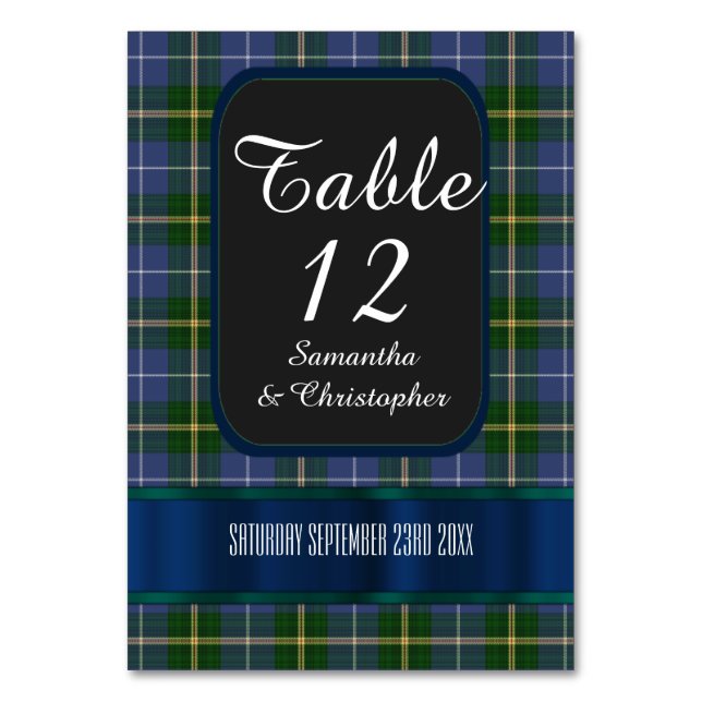 Blue and green tartan plaid wedding table number (Front)
