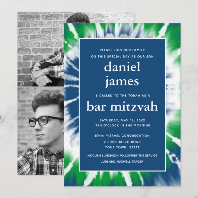 Blue and Green Tie Dye Bar Mitzvah  Photo Collage Invitation (Front/Back)