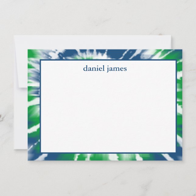 Blue and Green Tie Dye Personalized Flat Note Card (Front)