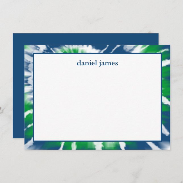 Blue and Green Tie Dye Personalized Flat Note Card (Front/Back)