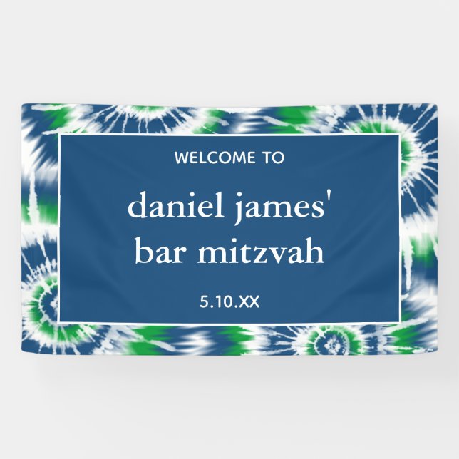 Blue and Green Tie Dye Personalized Welcome Party Banner (Horizontal)