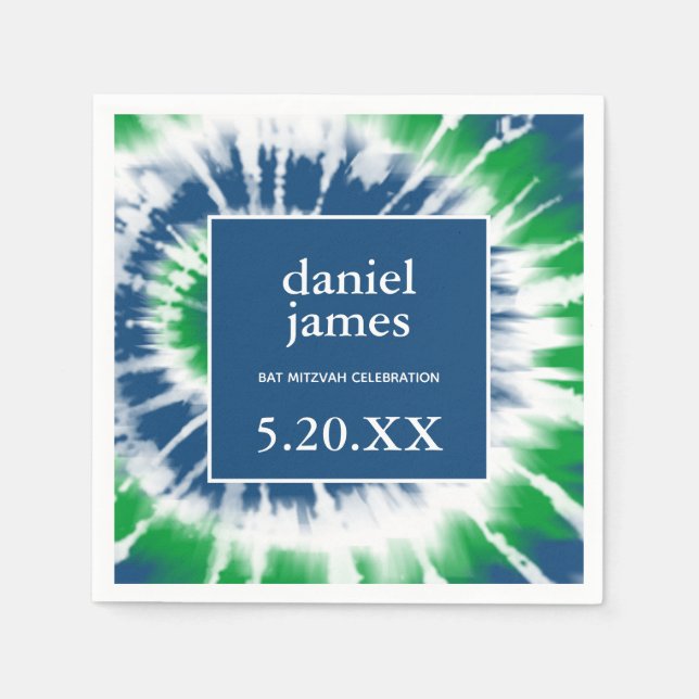 Blue and Green Tie Dye Spiral Personalized Party Napkin (Front)