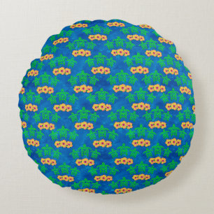 Blue and Green Tribal Green Sea Turtles Round Pillow