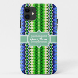 Blue and Green Tribal Ikat Chevron Personalized iPhone 11 Case
