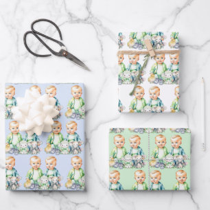 Blue and Green Twin Boys Watercolor Baby Shower Wrapping Paper Sheet
