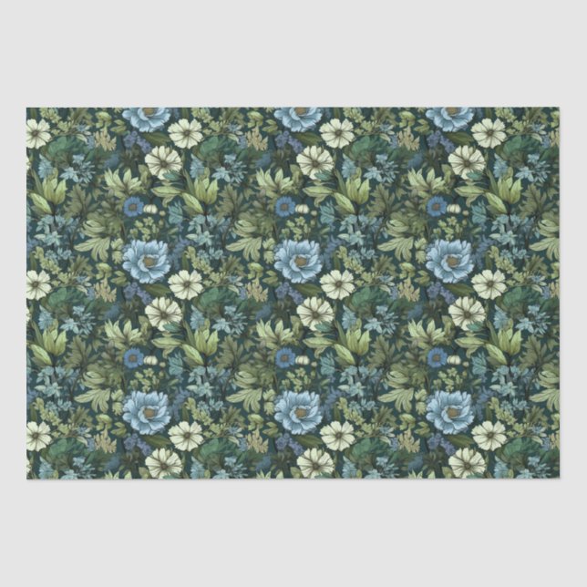 Blue and Green Victorian Wildflowers pattern Tissue Paper (Front)
