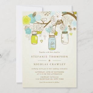 Blue and Green Vintage Hanging Mason Jars Wedding Invitation