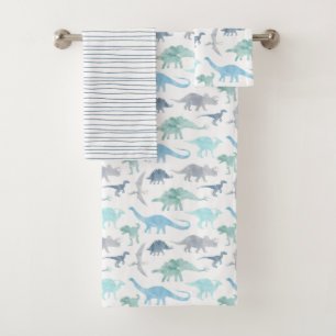 Blue and Green Watercolor Dinosaur Bath Towel Set