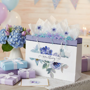 Blue and green watercolor floral personalized   large gift bag