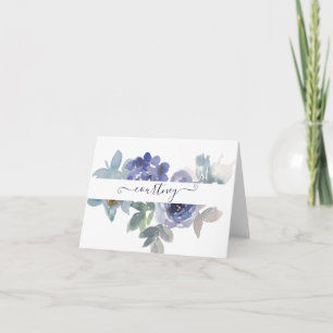 Blue and green watercolor floral personalized note card