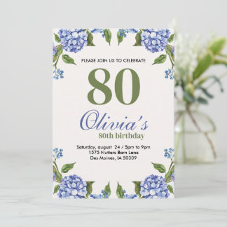 Blue And Green Watercolor Hydrangea 80th Birthday Invitation