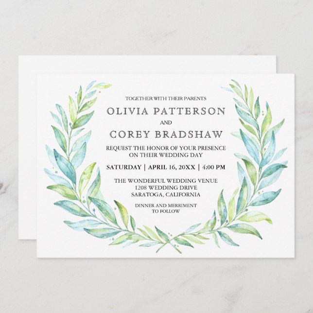 Blue and Green Watercolor Laurel Wreath Wedding Invitation (Front/Back)