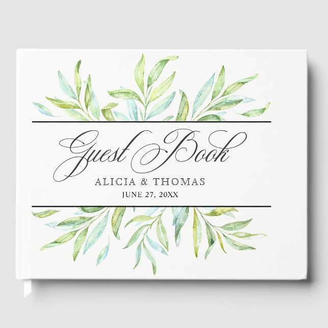 Blue and Green Watercolor Leaves Guest Book (Front)