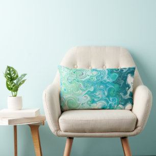Blue and Green Waves Digital Fluid Art    Lumbar Pillow