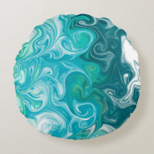 Blue and Green Waves Digital Fluid Art    Round Pillow