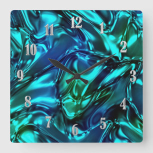 Blue and Green Wavy Metallic Look Square Wall Clock
