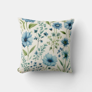 Blue And Green Wildflowers Botanical Throw Pillow