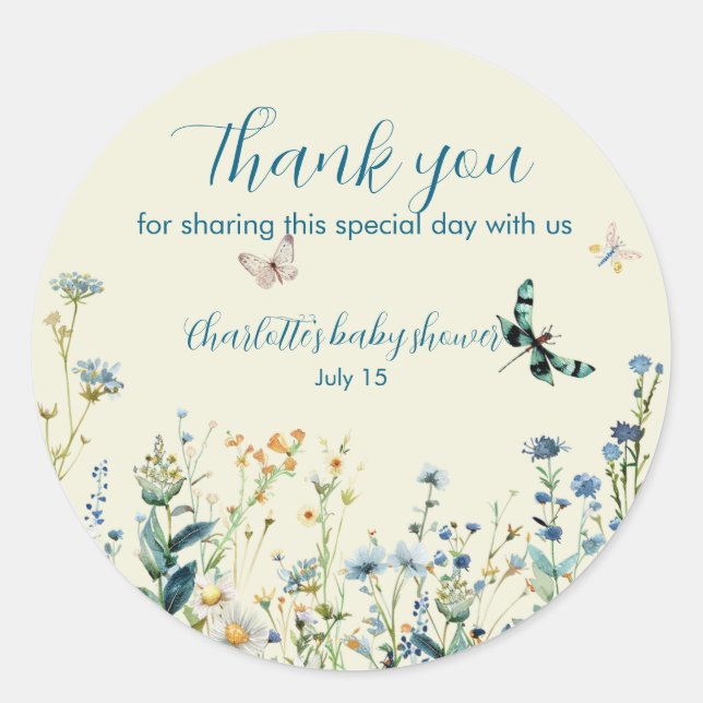 Blue and Green Wildflowers thank you  Classic Round Sticker (Front)