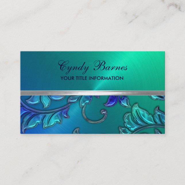Blue and Green with Damask Business Card (Front)