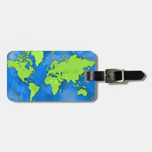 Blue and Green World Map Luggage Tag (Front Horizontal)