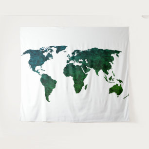 Blue and Green World Map on White Tapestry