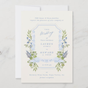 blue and greenery all in one RSVP DETAILS wedding Invitation