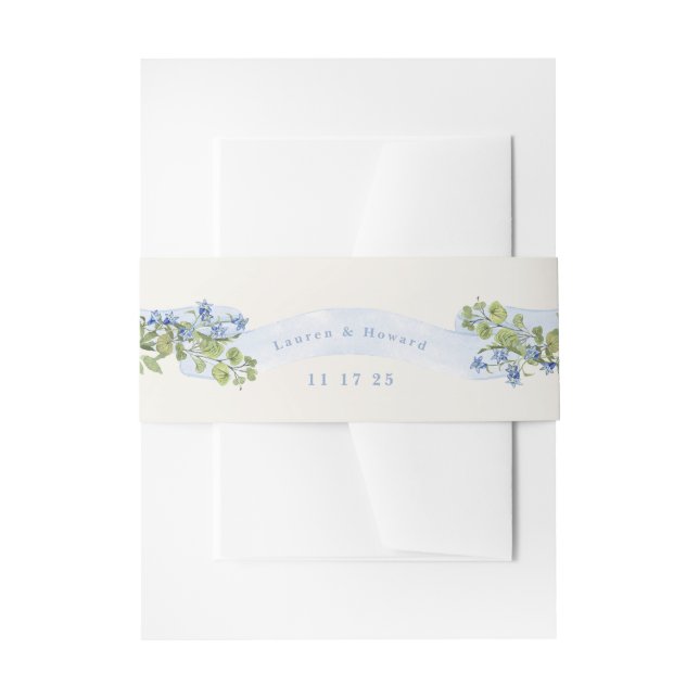 blue and greenery floral arms monogram wedding invitation belly band (Front Example)
