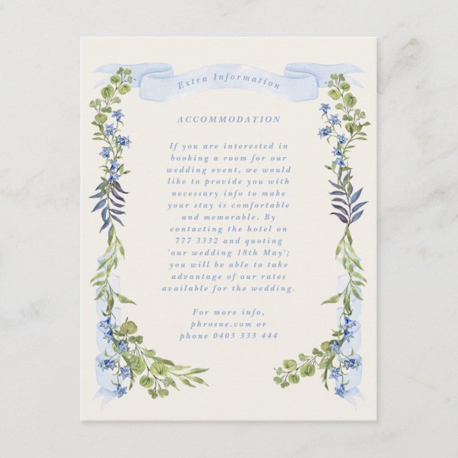 blue and greenery garden crest wreath wedding enclosure card (Front)