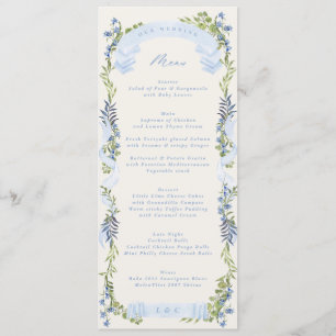 blue and greenery garden crest wreath wedding menu